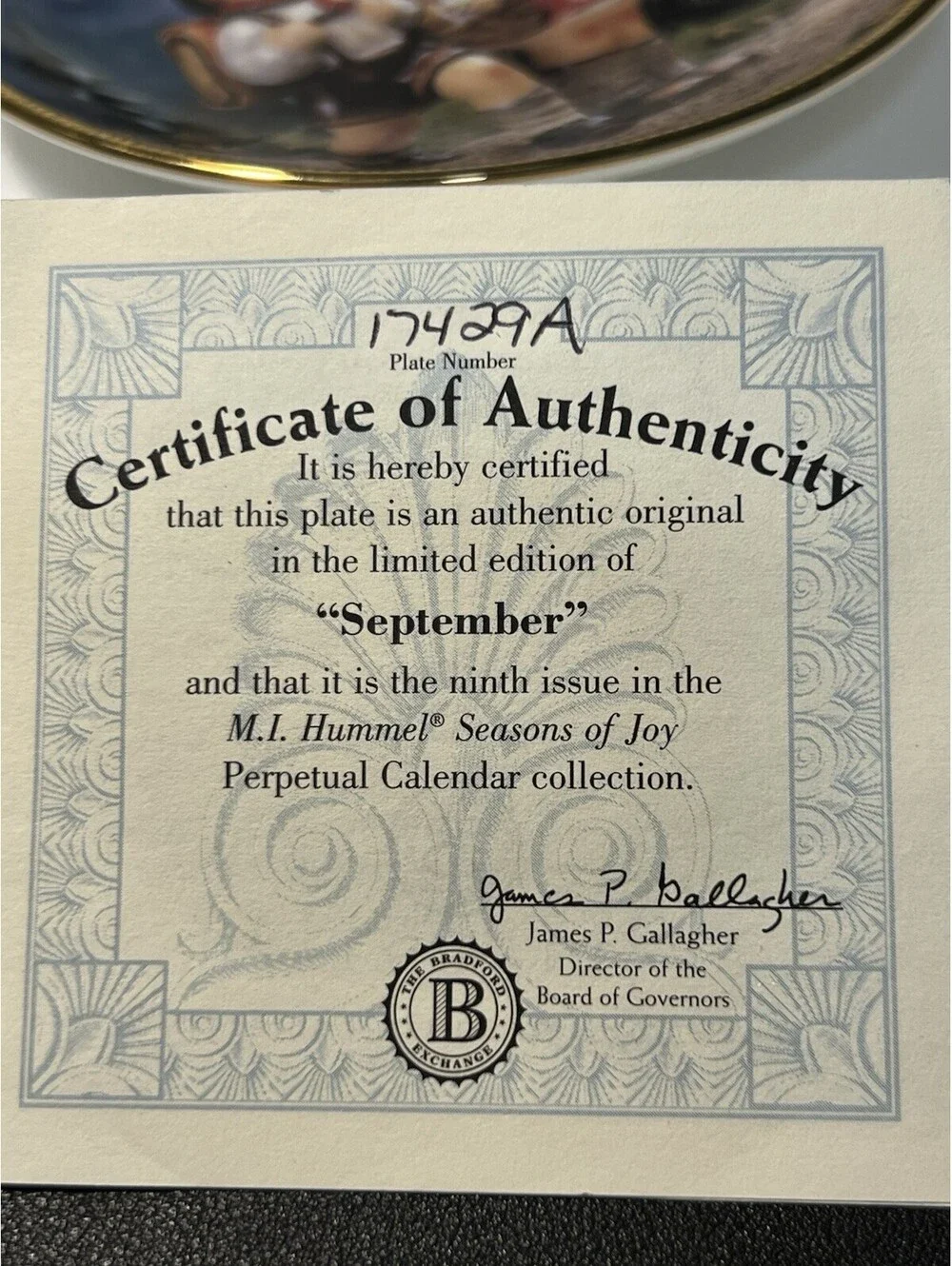 NIB Bradford Exchange 1990s Collector Plate Seasons Of Joy September, 6”